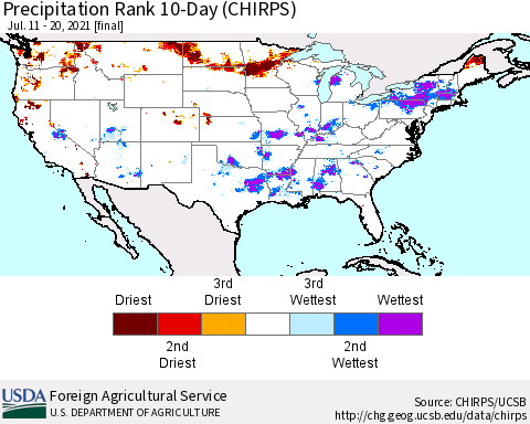 United States Precipitation Rank since 1981, 10-Day (CHIRPS) Thematic Map For 7/11/2021 - 7/20/2021