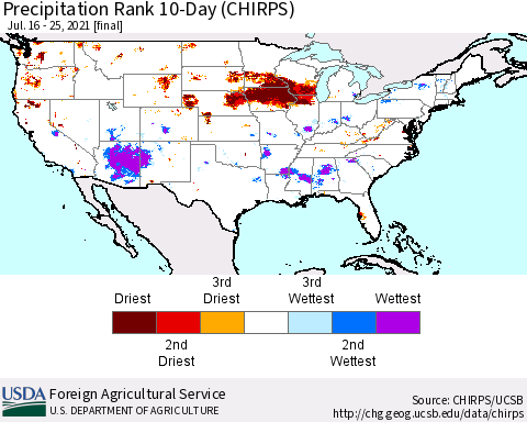 United States Precipitation Rank since 1981, 10-Day (CHIRPS) Thematic Map For 7/16/2021 - 7/25/2021
