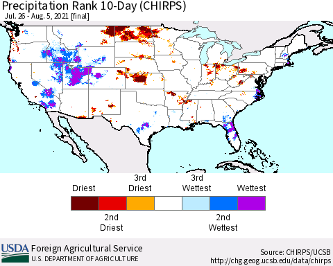 United States Precipitation Rank since 1981, 10-Day (CHIRPS) Thematic Map For 7/26/2021 - 8/5/2021