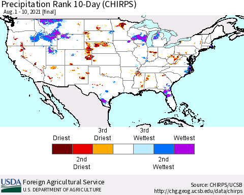 United States Precipitation Rank since 1981, 10-Day (CHIRPS) Thematic Map For 8/1/2021 - 8/10/2021
