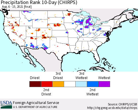 United States Precipitation Rank since 1981, 10-Day (CHIRPS) Thematic Map For 8/6/2021 - 8/15/2021
