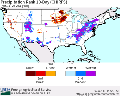 United States Precipitation Rank since 1981, 10-Day (CHIRPS) Thematic Map For 8/11/2021 - 8/20/2021