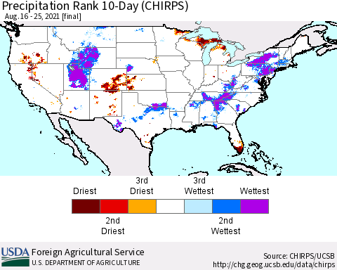 United States Precipitation Rank 10-Day (CHIRPS) Thematic Map For 8/16/2021 - 8/25/2021