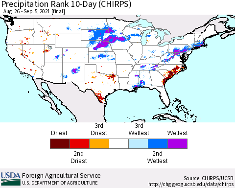 United States Precipitation Rank since 1981, 10-Day (CHIRPS) Thematic Map For 8/26/2021 - 9/5/2021