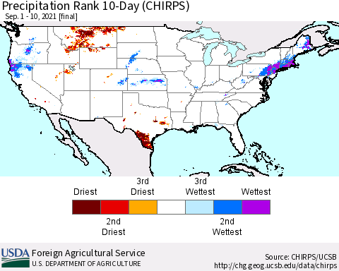 United States Precipitation Rank 10-Day (CHIRPS) Thematic Map For 9/1/2021 - 9/10/2021