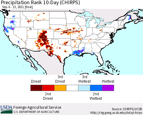United States Precipitation Rank since 1981, 10-Day (CHIRPS) Thematic Map For 9/6/2021 - 9/15/2021