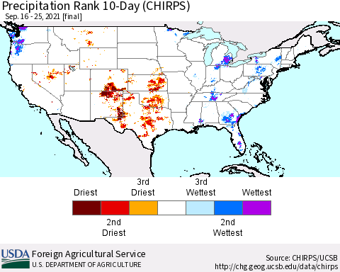United States Precipitation Rank 10-Day (CHIRPS) Thematic Map For 9/16/2021 - 9/25/2021