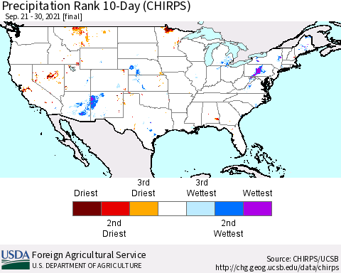 United States Precipitation Rank since 1981, 10-Day (CHIRPS) Thematic Map For 9/21/2021 - 9/30/2021