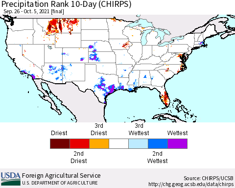 United States Precipitation Rank since 1981, 10-Day (CHIRPS) Thematic Map For 9/26/2021 - 10/5/2021