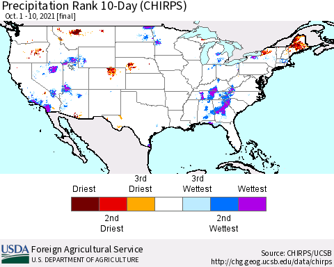 United States Precipitation Rank since 1981, 10-Day (CHIRPS) Thematic Map For 10/1/2021 - 10/10/2021