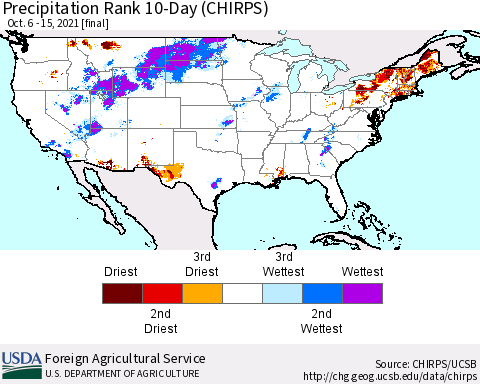 United States Precipitation Rank 10-Day (CHIRPS) Thematic Map For 10/6/2021 - 10/15/2021