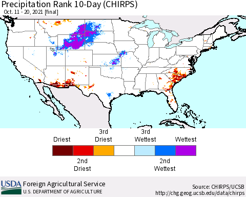 United States Precipitation Rank since 1981, 10-Day (CHIRPS) Thematic Map For 10/11/2021 - 10/20/2021