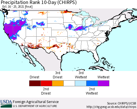 United States Precipitation Rank since 1981, 10-Day (CHIRPS) Thematic Map For 10/16/2021 - 10/25/2021