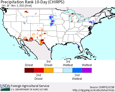 United States Precipitation Rank since 1981, 10-Day (CHIRPS) Thematic Map For 10/26/2021 - 11/5/2021