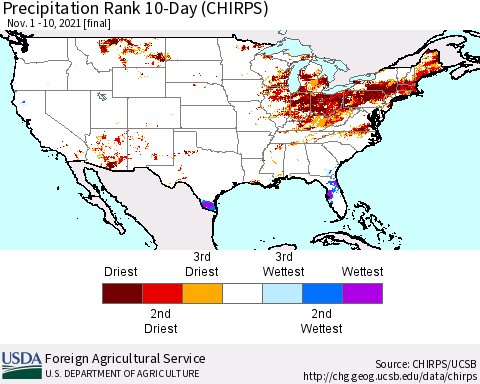 United States Precipitation Rank since 1981, 10-Day (CHIRPS) Thematic Map For 11/1/2021 - 11/10/2021