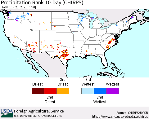 United States Precipitation Rank since 1981, 10-Day (CHIRPS) Thematic Map For 11/11/2021 - 11/20/2021