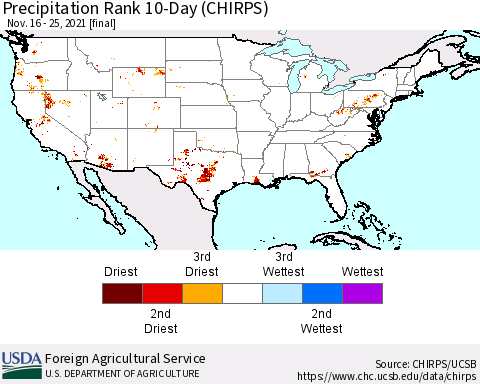 United States Precipitation Rank 10-Day (CHIRPS) Thematic Map For 11/16/2021 - 11/25/2021