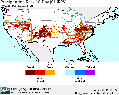 United States Precipitation Rank 10-Day (CHIRPS) Thematic Map For 11/26/2021 - 12/5/2021
