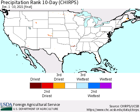 United States Precipitation Rank since 1981, 10-Day (CHIRPS) Thematic Map For 12/1/2021 - 12/10/2021