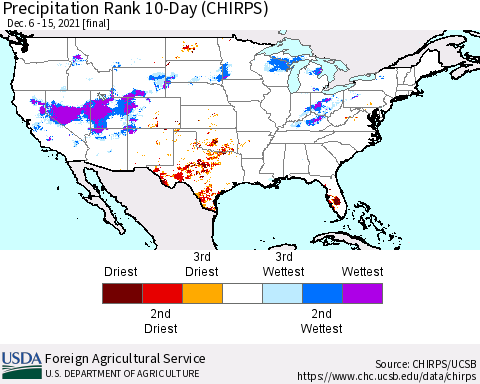 United States Precipitation Rank since 1981, 10-Day (CHIRPS) Thematic Map For 12/6/2021 - 12/15/2021