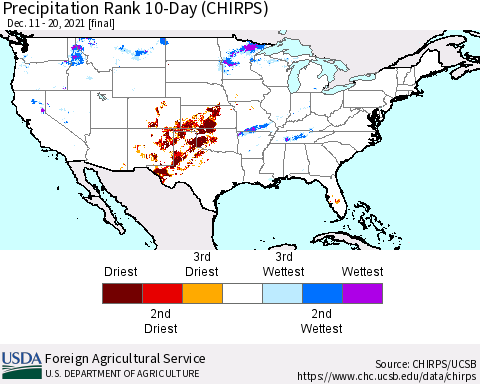 United States Precipitation Rank since 1981, 10-Day (CHIRPS) Thematic Map For 12/11/2021 - 12/20/2021