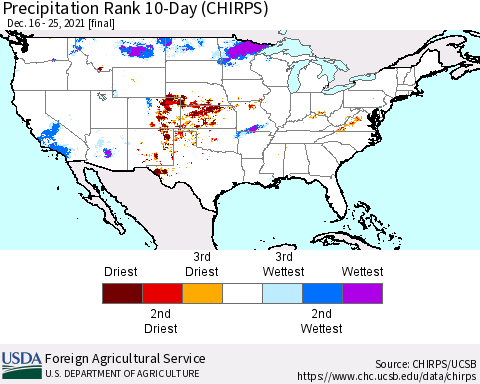 United States Precipitation Rank since 1981, 10-Day (CHIRPS) Thematic Map For 12/16/2021 - 12/25/2021