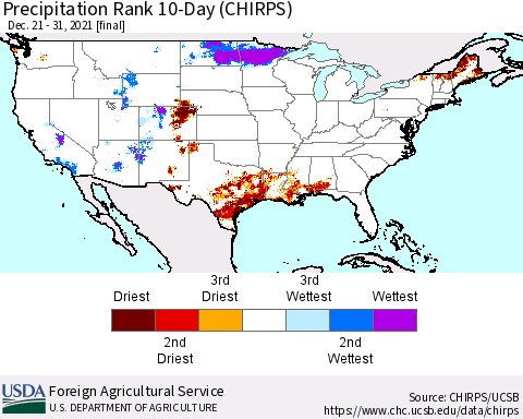 United States Precipitation Rank 10-Day (CHIRPS) Thematic Map For 12/21/2021 - 12/31/2021