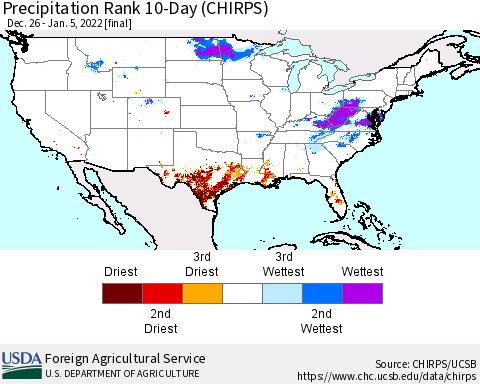 United States Precipitation Rank 10-Day (CHIRPS) Thematic Map For 12/26/2021 - 1/5/2022
