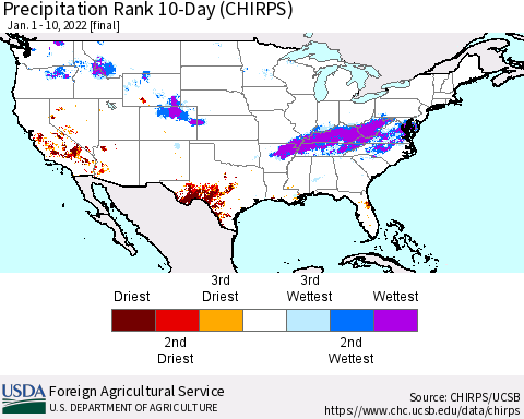 United States Precipitation Rank since 1981, 10-Day (CHIRPS) Thematic Map For 1/1/2022 - 1/10/2022