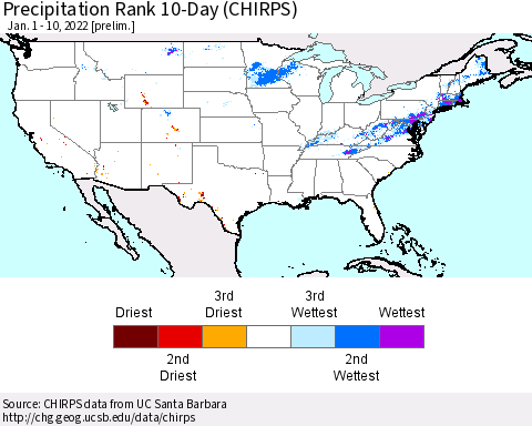 United States Precipitation Rank 10-Day (CHIRPS) Thematic Map For 1/1/2022 - 1/10/2022