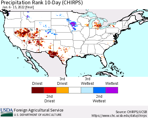 United States Precipitation Rank since 1981, 10-Day (CHIRPS) Thematic Map For 1/6/2022 - 1/15/2022