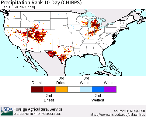 United States Precipitation Rank since 1981, 10-Day (CHIRPS) Thematic Map For 1/11/2022 - 1/20/2022