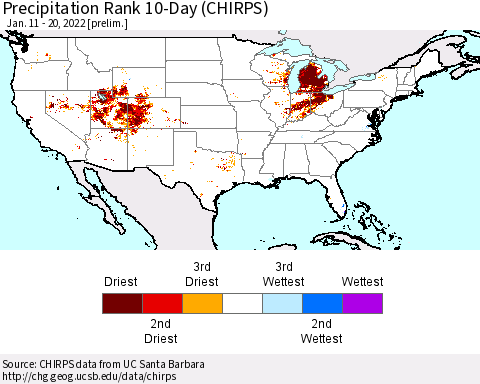United States Precipitation Rank 10-Day (CHIRPS) Thematic Map For 1/11/2022 - 1/20/2022