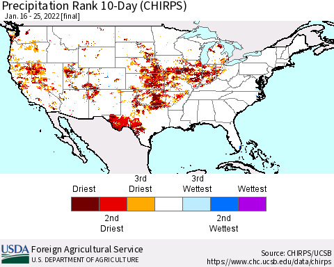 United States Precipitation Rank since 1981, 10-Day (CHIRPS) Thematic Map For 1/16/2022 - 1/25/2022