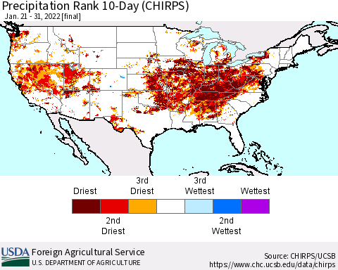 United States Precipitation Rank 10-Day (CHIRPS) Thematic Map For 1/21/2022 - 1/31/2022