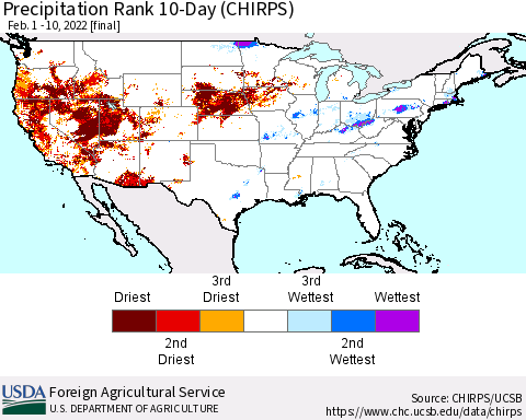 United States Precipitation Rank since 1981, 10-Day (CHIRPS) Thematic Map For 2/1/2022 - 2/10/2022
