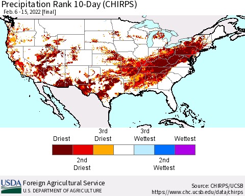 United States Precipitation Rank since 1981, 10-Day (CHIRPS) Thematic Map For 2/6/2022 - 2/15/2022