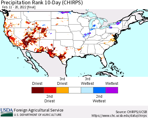 United States Precipitation Rank 10-Day (CHIRPS) Thematic Map For 2/11/2022 - 2/20/2022
