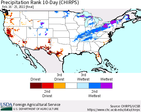 United States Precipitation Rank since 1981, 10-Day (CHIRPS) Thematic Map For 2/16/2022 - 2/25/2022