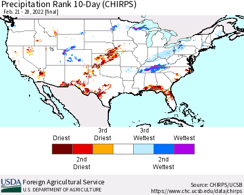 United States Precipitation Rank since 1981, 10-Day (CHIRPS) Thematic Map For 2/21/2022 - 2/28/2022