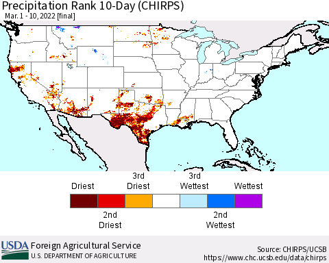 United States Precipitation Rank since 1981, 10-Day (CHIRPS) Thematic Map For 3/1/2022 - 3/10/2022