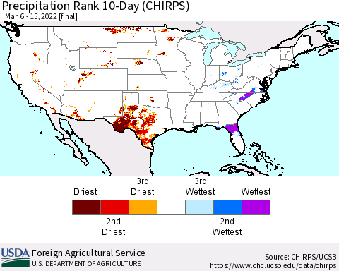 United States Precipitation Rank since 1981, 10-Day (CHIRPS) Thematic Map For 3/6/2022 - 3/15/2022