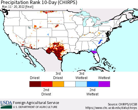United States Precipitation Rank since 1981, 10-Day (CHIRPS) Thematic Map For 3/11/2022 - 3/20/2022