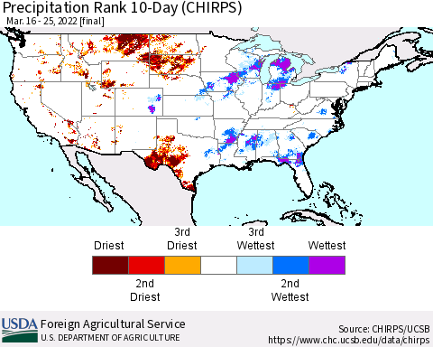 United States Precipitation Rank since 1981, 10-Day (CHIRPS) Thematic Map For 3/16/2022 - 3/25/2022
