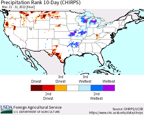 United States Precipitation Rank since 1981, 10-Day (CHIRPS) Thematic Map For 3/21/2022 - 3/31/2022
