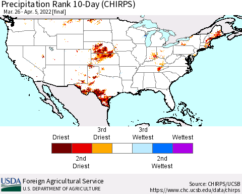 United States Precipitation Rank 10-Day (CHIRPS) Thematic Map For 3/26/2022 - 4/5/2022