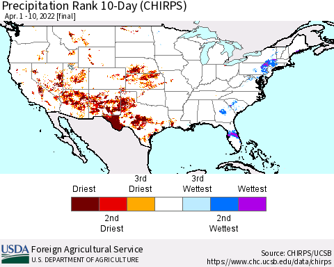 United States Precipitation Rank since 1981, 10-Day (CHIRPS) Thematic Map For 4/1/2022 - 4/10/2022