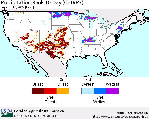 United States Precipitation Rank since 1981, 10-Day (CHIRPS) Thematic Map For 4/6/2022 - 4/15/2022