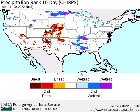 United States Precipitation Rank since 1981, 10-Day (CHIRPS) Thematic Map For 4/11/2022 - 4/20/2022