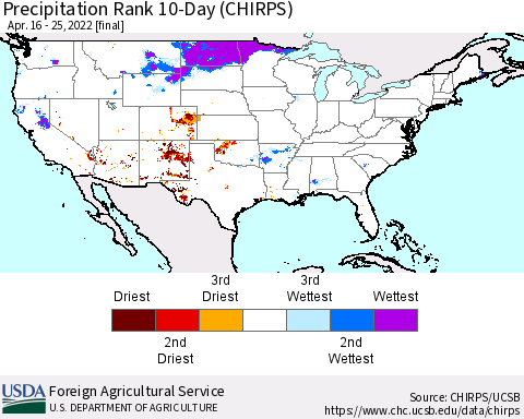 United States Precipitation Rank since 1981, 10-Day (CHIRPS) Thematic Map For 4/16/2022 - 4/25/2022